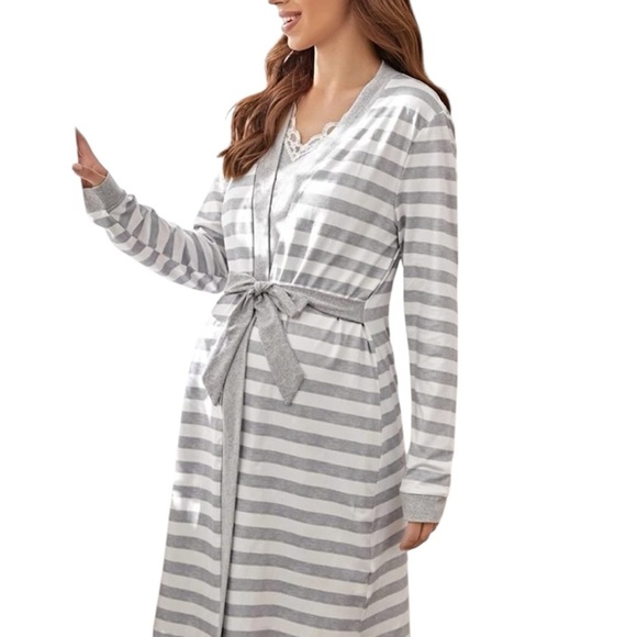 Maternity Nursing Nightgown with Striped Robe – Post Partum Sleepwear Set Medium - Picture 1 of 15